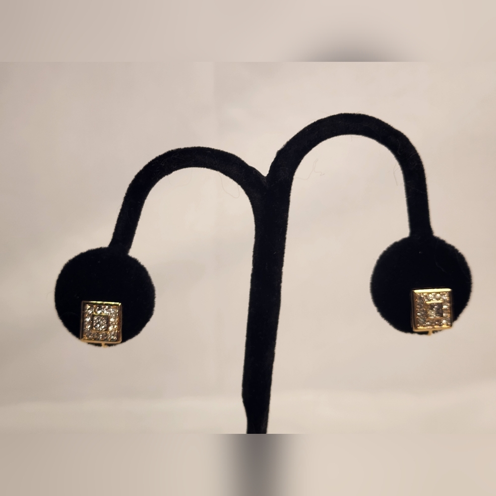 Nina Ricci Gold Square Cube Clip On Earrings Pave Crystals - Picture 2 of 8